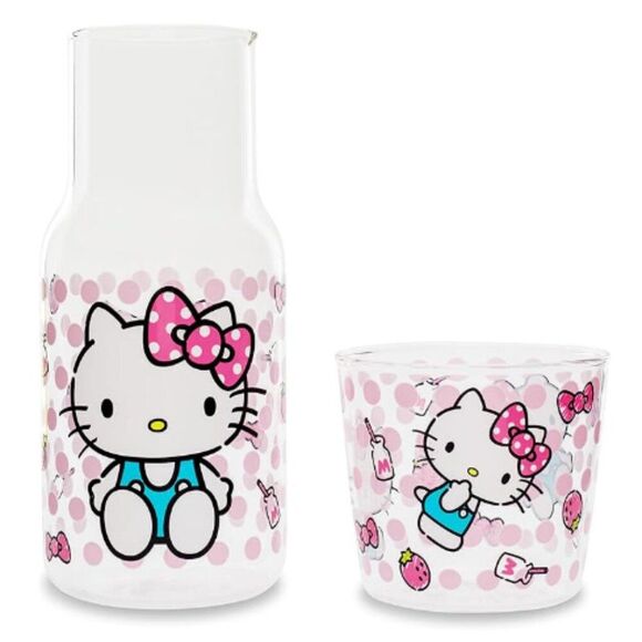 Hello Kitty Water Pitcher and Cup Set | Night Stand | Glass, Polka Dots, Sanrio - Picture 1 of 6